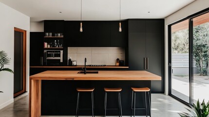 Modern Kitchen Design with Black Cabinets and Wood Accents