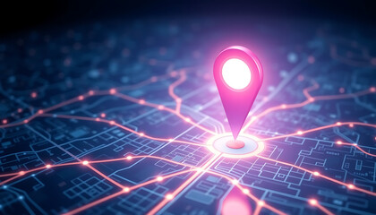 Futuristic Geolocation Map with AI Technology and Glowing Pin for Business Logistics

