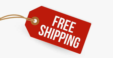 Free shipping text on red hanging price tag with string, evokes urgency, savings, promo offer. Ideal for ecommerce banners, packaging, sale labels. Vector illustration