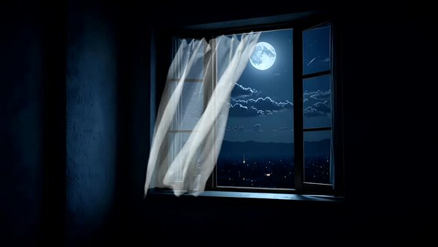 Moon shining through open window with flowing curtains in dark quiet night room. Home nightscape concept