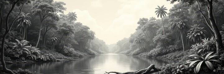 Fototapeta premium Monochromatic Tranquility of Tropical River Scene