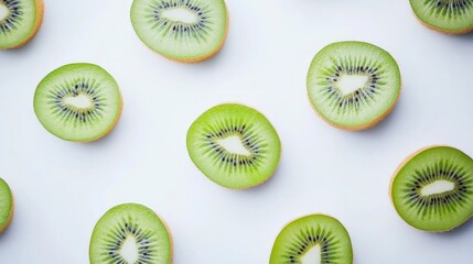 Fototapeta premium Fresh Kiwi Fruit Slices Scattered on a White Background Food Pattern