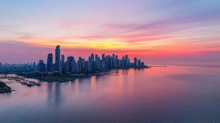 Fototapeta premium Panoramic View Of City Skyline At Sunset Over Water