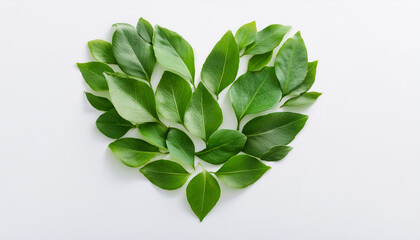Heart made of fresh green leaves, symbol of eco love and wellness, isolated on white backdrop.