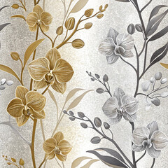 Obraz premium Floral pattern with orchids in shades of gold and gray, creating an elegant and sophisticated design
