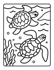 Cute ocean animals coloring page, illustration, bold & easy design, bold & easy coloring page, line art, black & white designs, vector illustration, ocean scenes, ocean background