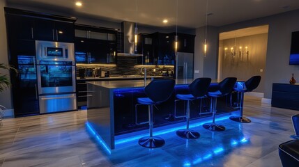 Naklejka premium Modern Kitchen with Blue LED Lighting and Sleek Design