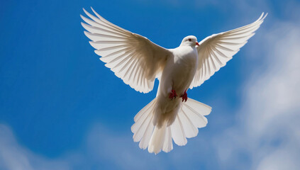 Fototapeta premium white dove soaring gracefully through a clear blue sky, symbolizing peace and freedom.