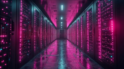A futuristic blockchain data center with glowing quantum processors, surrounded by encrypted digital pathways, ultra-modern architecture, neon-lit atmosphere, cinematic lighting, dynamic angle