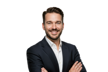 Confident businessman in formal suit with arms crossed against transparent background