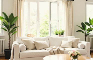 Serene living room, natural light, cozy sofa, potted plants.