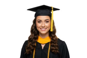 Young woman in graduation gown and cap smiling against transparent background