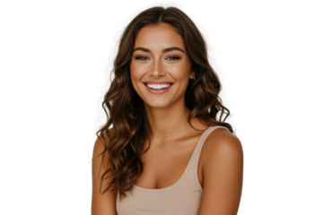 Young woman with long hair smiling radiantly against transparent background