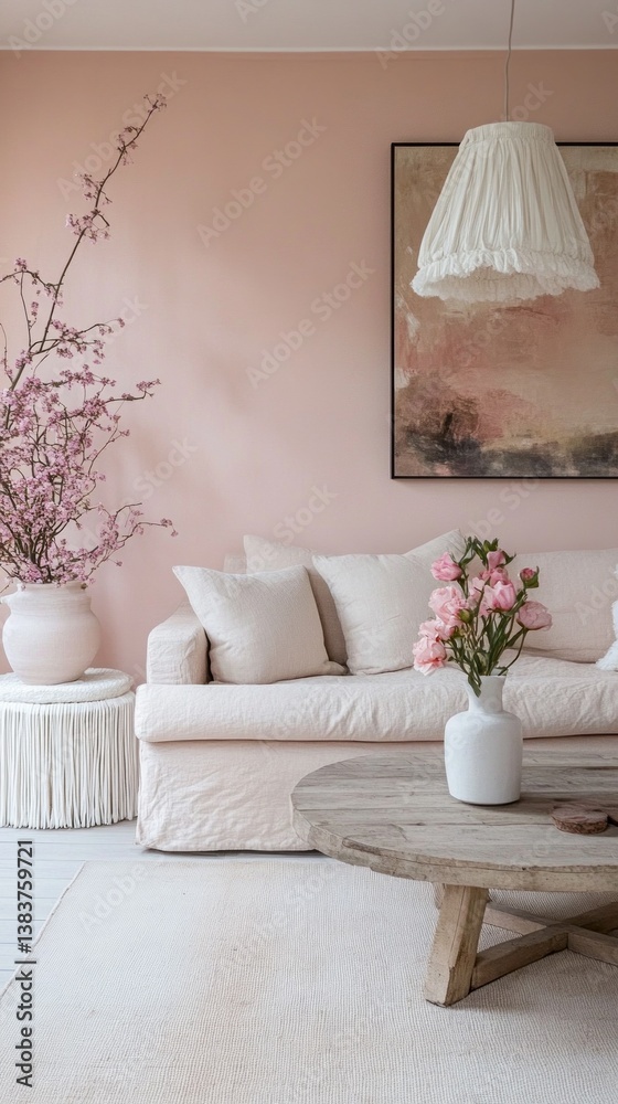 Poster a serene living room showcases soft pink walls and a comfortable sofa adorned with neutral cushions.
