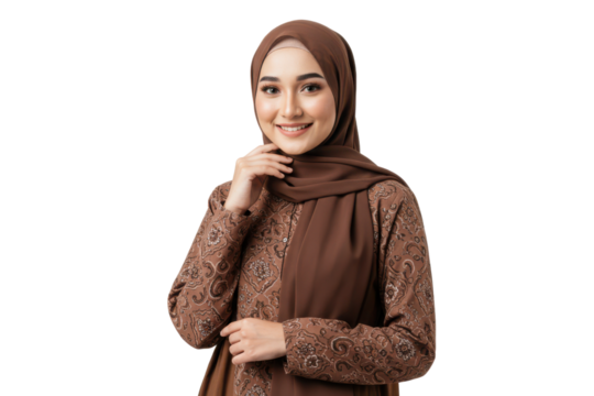 Smiling woman wearing a brown hijab against transparent background