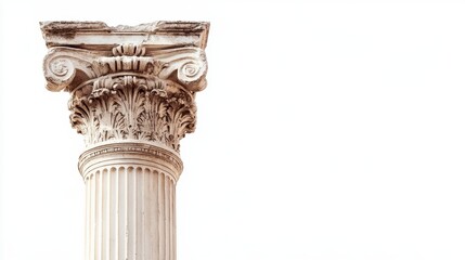 Close-up of an antique, ornate, white marble column capital against a white background.