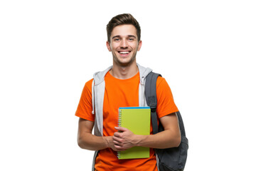 Smiling student wearing an orange shirt and carrying a backpack against transparent background