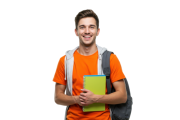 Smiling student wearing an orange shirt and carrying a backpack against transparent background