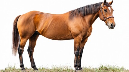 Obraz premium Beautiful bay horse standing gracefully on a grassy field