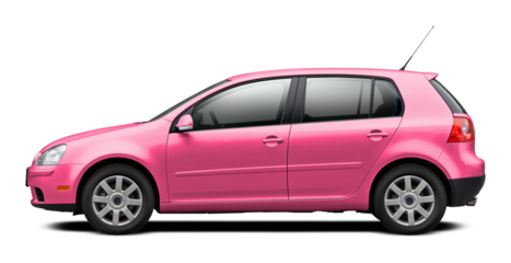 Modern European car with a side view, hatchback body, all pink. In png format on a transparent background.
