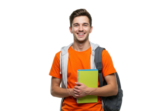 Smiling student wearing an orange shirt and carrying a backpack against transparent background