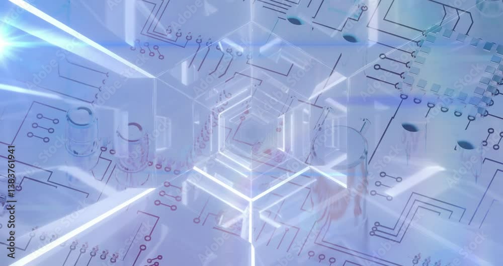 Poster creating digital tunnel effect, glowing lines and futuristic circuit board patterns