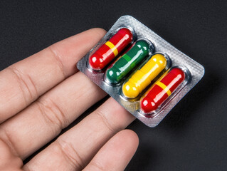 Hand Holding Blister Pack of Red Yellow and Green Capsules on Dark Background