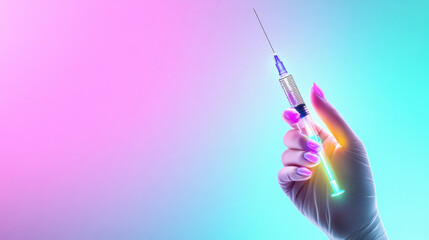 Hand in Glove Holding Syringe Against Vibrant Pink and Blue Gradient