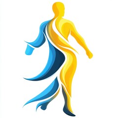 Stylized dynamic figure in blue and yellow showcasing movement and grace in an abstract design