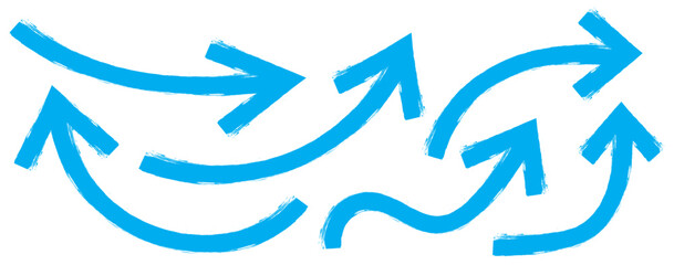 Blue Bold brush drawn arrows. Set of Blue Hand drawn vector arrows doodle. Hand drawn blue grunge bent arrow pointing upwards, bold brush stroke. Blue hand drawn brush arrow icon vector set.