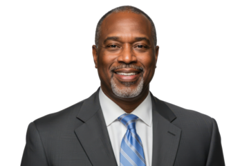 Confident man in a black suit and blue tie smiling against transparent background