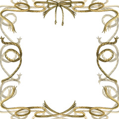 Marine themed frame made of brown ropes and twine, bow, all objects hand painted with watercolors. Watercolor illustration. Suitable for menus, postcards, flyers and invitations.