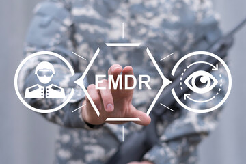 Soldier or veteran using virtual touch screen push abbreviation: EMDR. EMDR or Eye Movement...