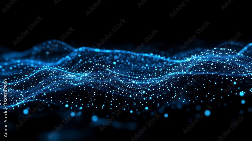 Poster abstract blue particle wave flowing on dark background.