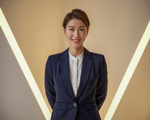 Woman in business suit smiling indoors