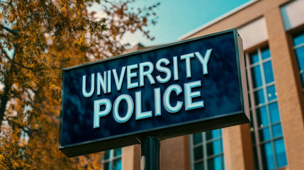 Obraz premium University Police Sign Campus Security Building Exterior Autumn Leaves