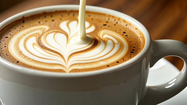 Coffee cup with latte art being poured against a wooden background  