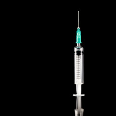 Medical Syringe on Black Background Close up of Sterile Disposable Device