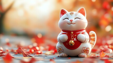 Crypto lucky cat holding bitcoin for digital fortune, kawaii crypto lucky cat symbol of wealth, modern investment charm in crypto lucky cat design. Lucky cat statue among autumn leaves.