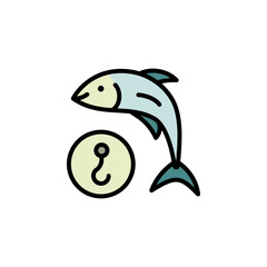Fish with hook color icon. Fishing symbol. Fish sign on white, icon for mobile or web design