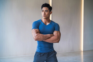 Man posing in blue athletic shirt with arms crossed