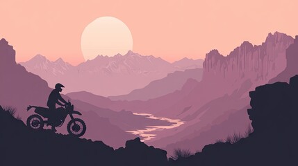 Fototapeta premium Silhouette of a motorcycle rider on a mountain path at sunset