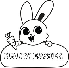 Cute cartoon Easter bunny holding a carrot and wishing Happy Easter.