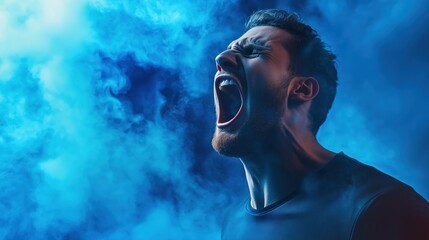 The dramatic haze of blue frames the athlete’s roar, capturing the raw intensity and emotional release of high-performance determination.

