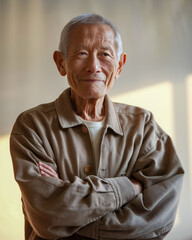 Elderly man with arms crossed and neutral expression