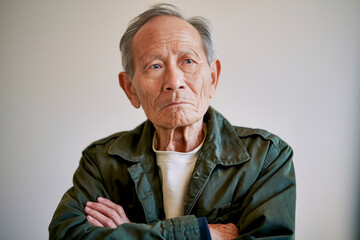 Elderly man with arms crossed in a neutral expression