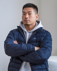 Young man in winter jacket with arms crossed