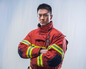 Firefighter wearing uniform with arms crossed