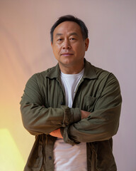 Man in a green jacket posing against a soft backdrop