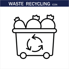 recycling waste line icons. Plastic bottle, biodegradable trash, junk truck, landfill, paper, glass, battery, conveyor vector illustration. Outline signs about garbage recycle. Editable Stroke .Eps 10